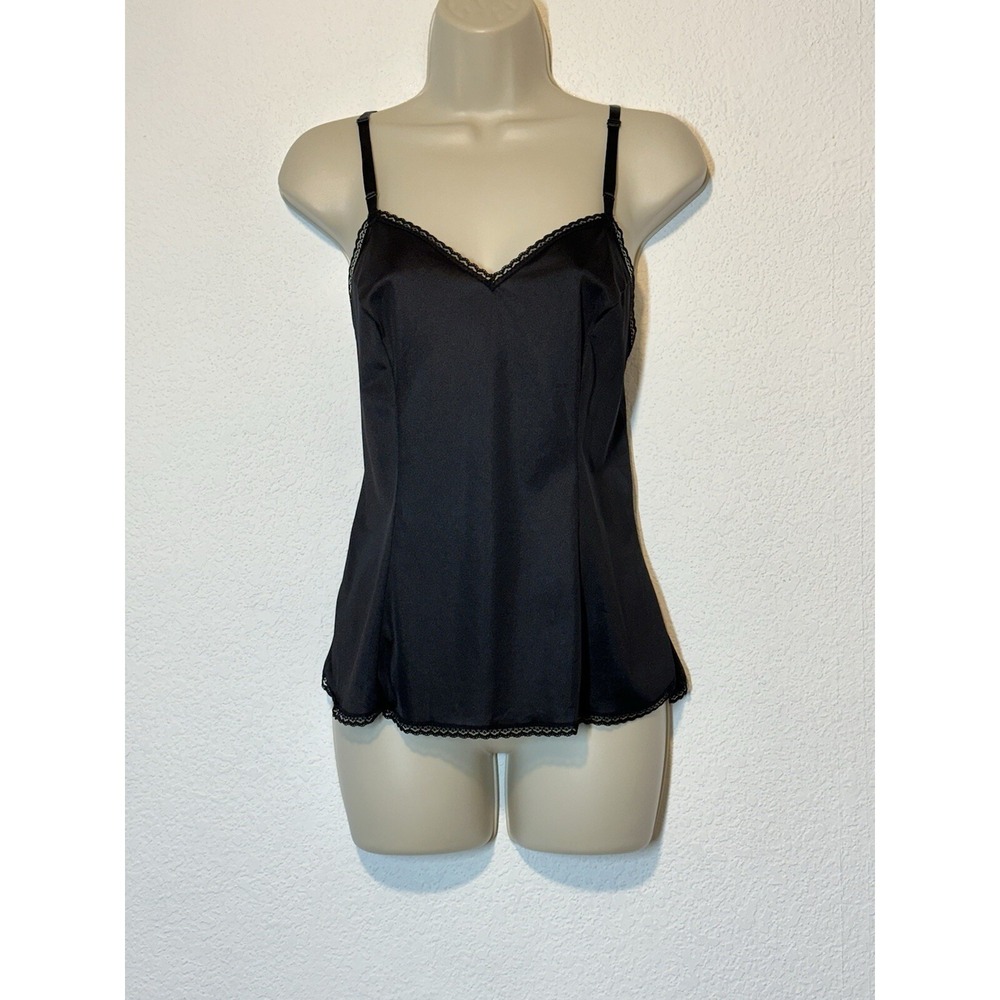 Vtg Vanity Fair Black Nylon Cami Tank Top Sleeveless V-neck Lace Trim‎ 38 44 USA